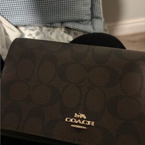 Coach Brown Signature Compact Wallet with Gold Logo